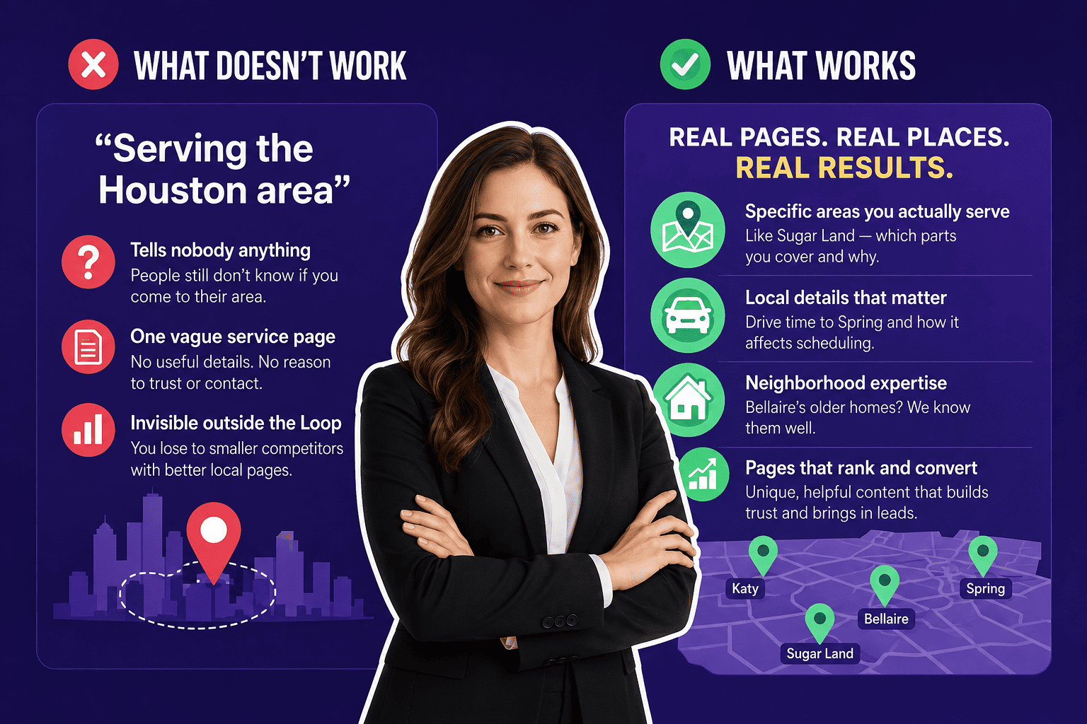 Houston service area page structure covering Katy, Sugar Land, Pearland and The Woodlands