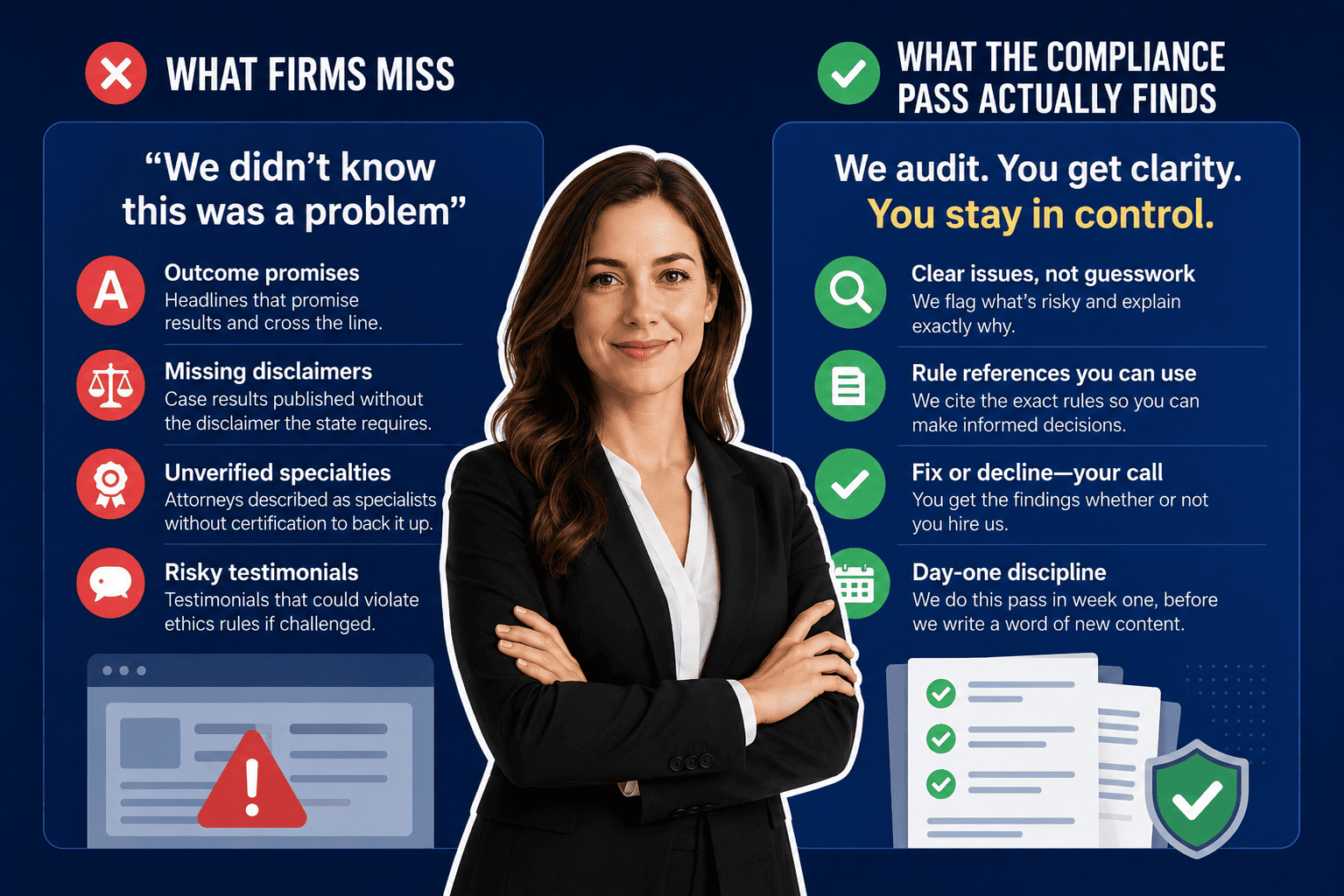 Attorney advertising compliance audit flagging outcome language, missing case result disclaimers and specialisation claims