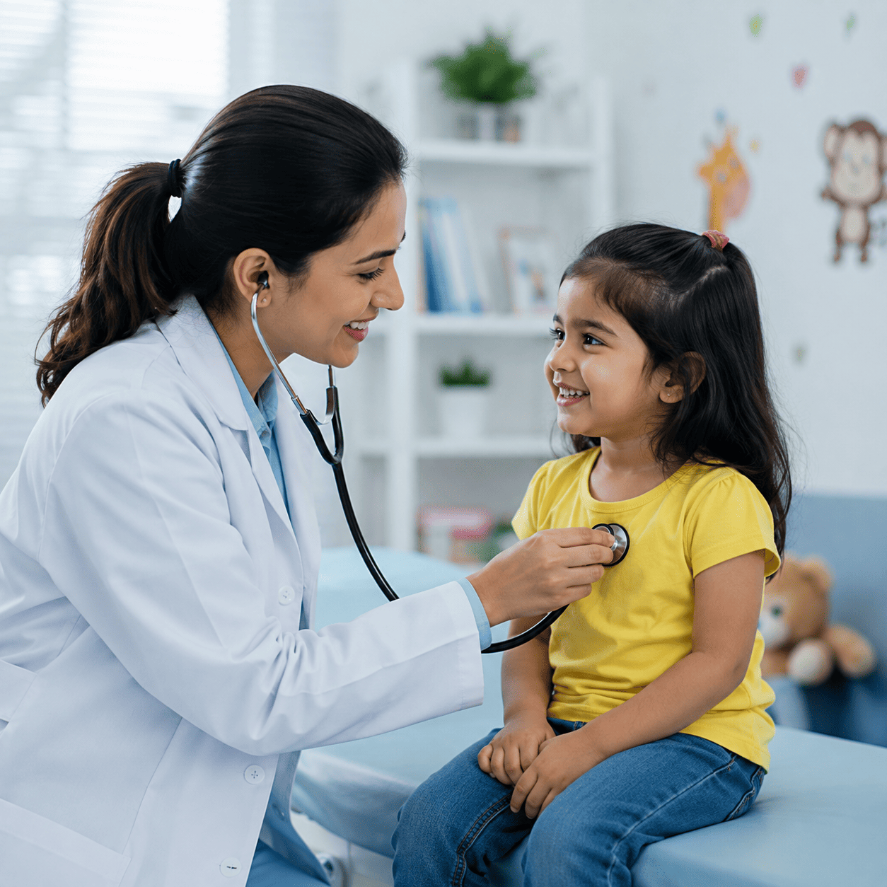 Pediatric dental practice website showing a first-visit page with photos of the treatment room