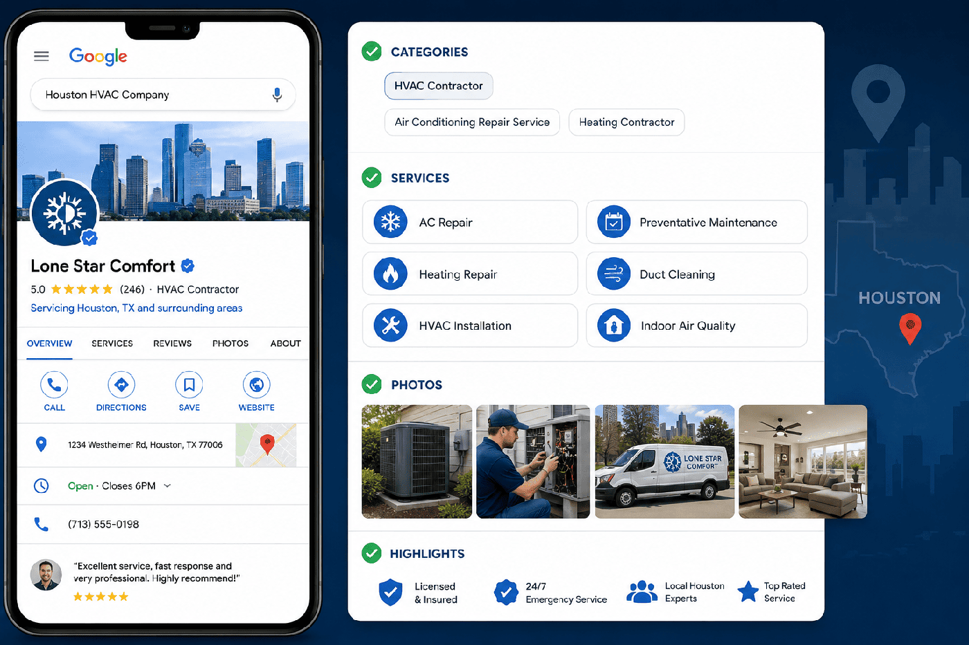 Google Business Profile optimised with correct primary category, full service list, service areas and photos